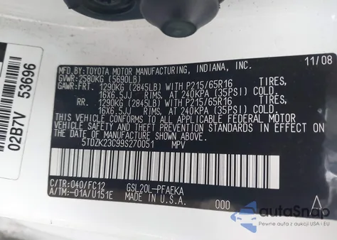 2009 Toyota Sienna Ce/Le z USA, uszkodzony, nr VIN 5TDZK23C99S270051